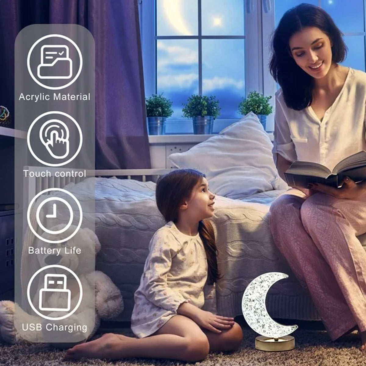 12570 Crystal Table Lamp Moon Shape Touch Control Lamp With 3 Color Metal Bedside Lamp For Kids Bedroom Romantic Desktop Nightstand Stepless Dimming Usb Charging Touch Night Light