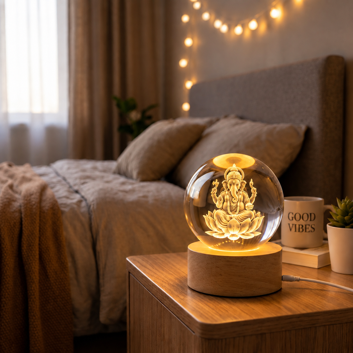 3D Ganesh Ji Crystal Ball Night Lamp With Wooden Base (USB Powered)
