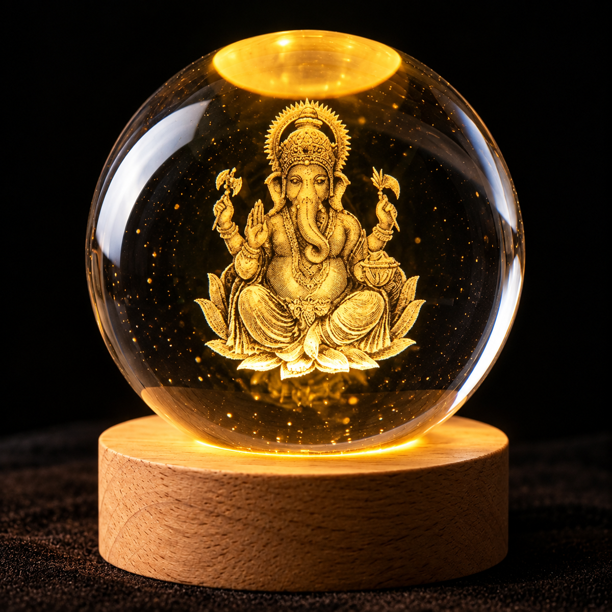 3D Ganesh Ji Crystal Ball Night Lamp With Wooden Base (USB Powered)