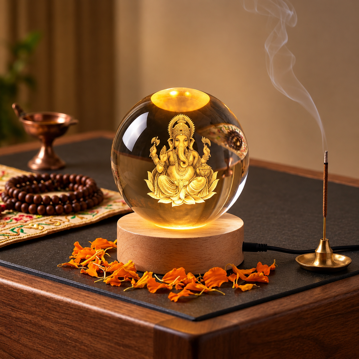 3D Ganesh Ji Crystal Ball Night Lamp With Wooden Base (USB Powered)