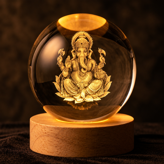 3D Ganesh Ji Crystal Ball Night Lamp With Wooden Base (USB Powered)