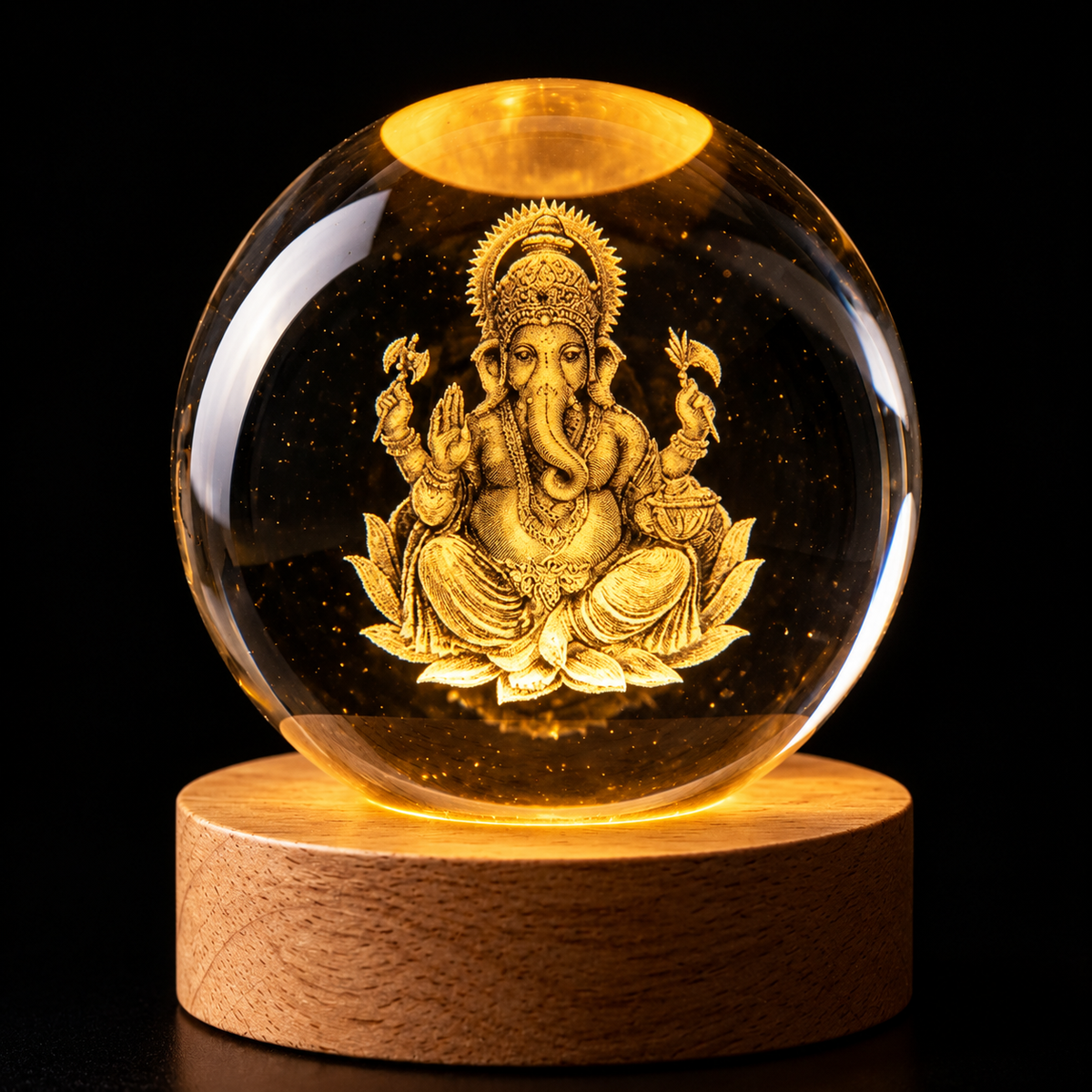 3D Ganesh Ji Crystal Ball Night Lamp With Wooden Base (USB Powered)