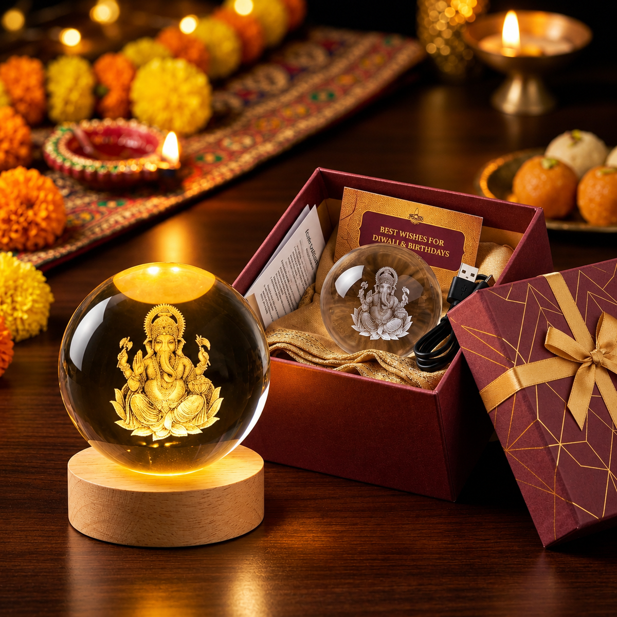3D Ganesh Ji Crystal Ball Night Lamp With Wooden Base (USB Powered)